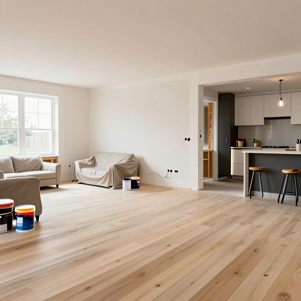 Luminoso salón con suelo de madera clara, paredes blancas, sofá y cocina abierta