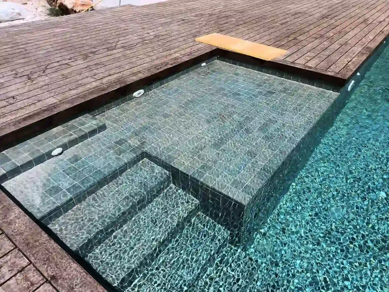 Un hombre limpia una piscina en un patio trasero con una red, junto a una bomba