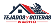 Logo de Tejados y Goteras Nacho con casa gris, techo rojo y texto azul y rojo.