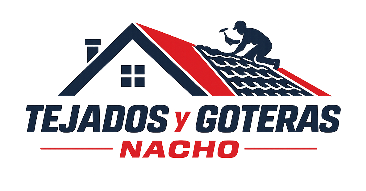 Logo de Tejados y Goteras Nacho con casa gris, techo rojo y texto azul y rojo.