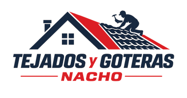 Logo de Tejados y Goteras Nacho con casa gris, techo rojo y texto azul y rojo.