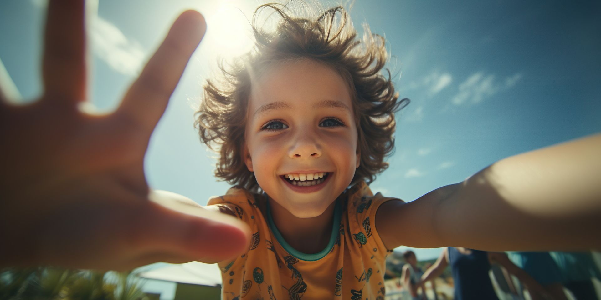 Un niño sonriendo ampliamente, con los brazos extendidos hacia la cámara contra un cielo azul y soleado.