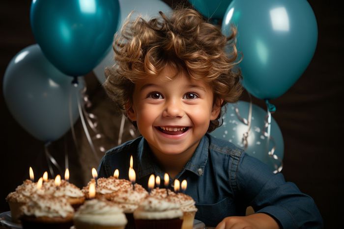 Niño sonriente con cabello rizado en una celebración de cumpleaños con pastelitos, velas encendidas y globos azules.