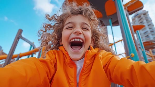 Niño con cabello rizado riendo ampliamente en un patio de juegos, vistiendo una chaqueta naranja; cielo azul de fondo.