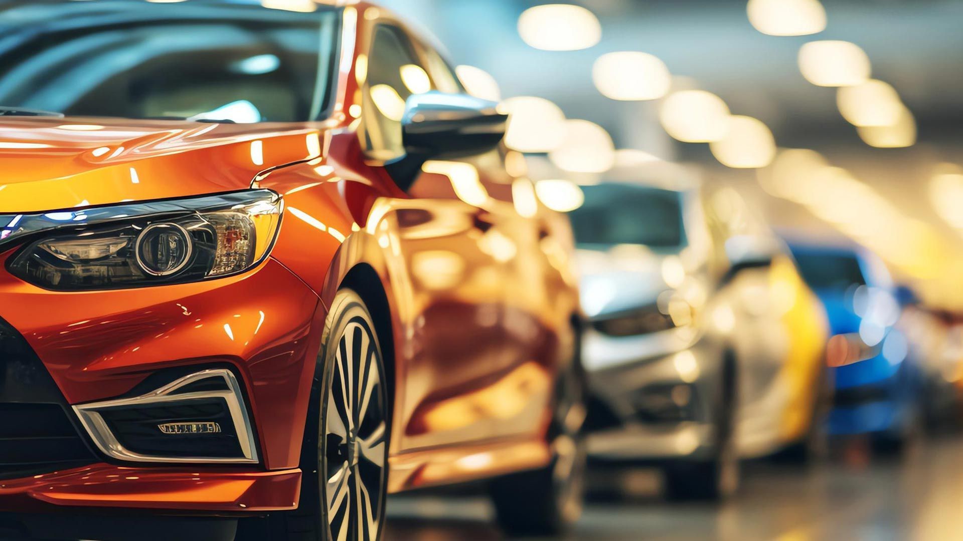 Una fila de coches están aparcados en una sala de exposición.