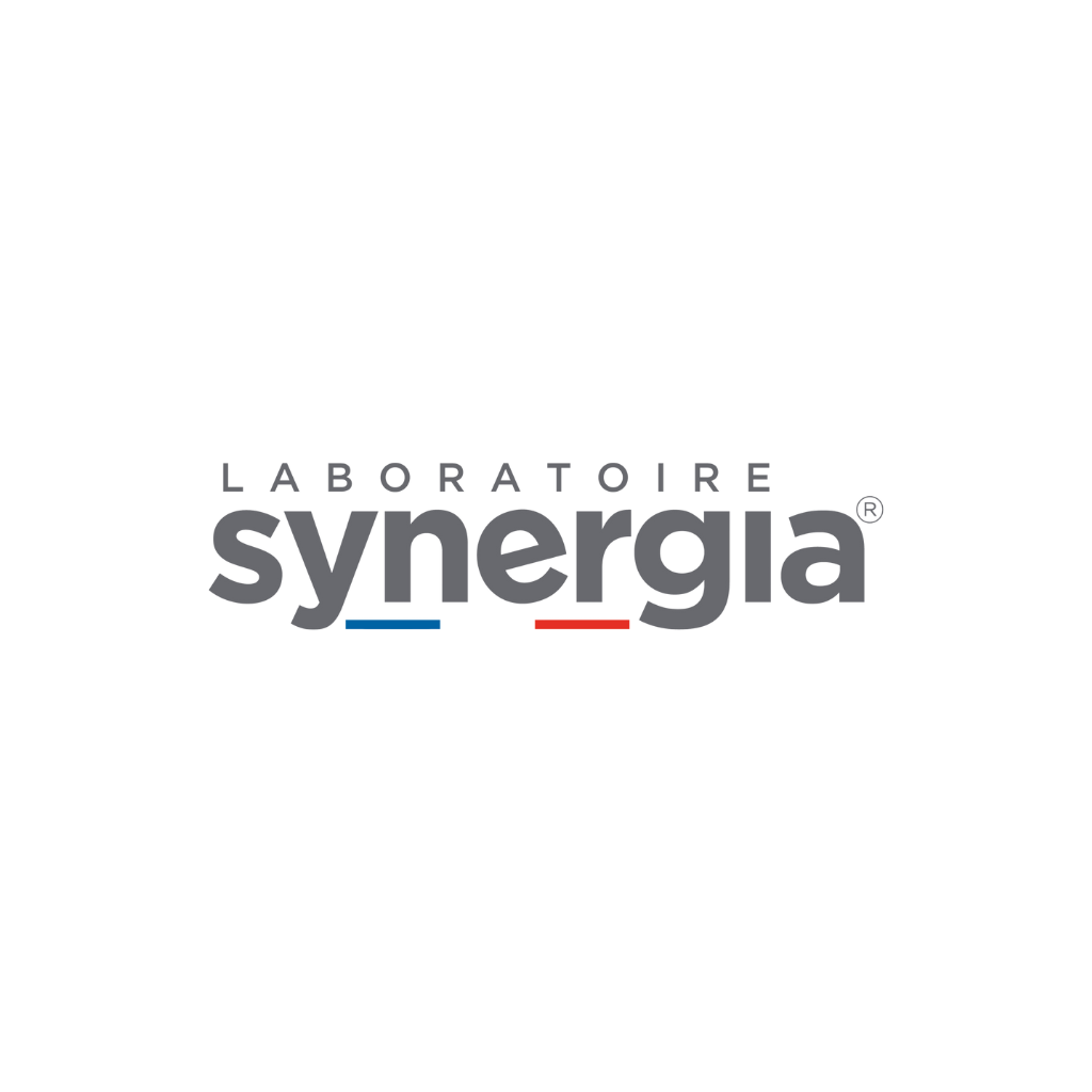Logo pour Laboratoire Synergia : texte gris souligné de bleu et de rouge, « LABORATOIRE » au dessus de « synergia ».