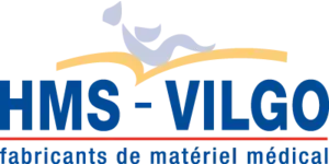 Logo pour HMS-VILGO, fabricant d'équipements médicaux : texte bleu, une figure stylisée gris clair et une arche jaune.
