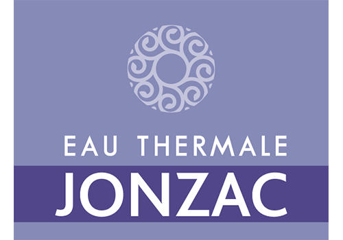 Logo pour Eau Thermale Jonzac : motif tourbillon au dessus du texte en blanc sur fond violet.