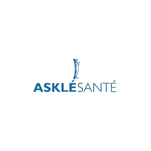 Logo bleu : texte ASKLÉSANTE avec une figure d'Asclépios.