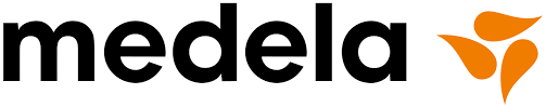 Logo Medela avec texte noir et motif floral orange.