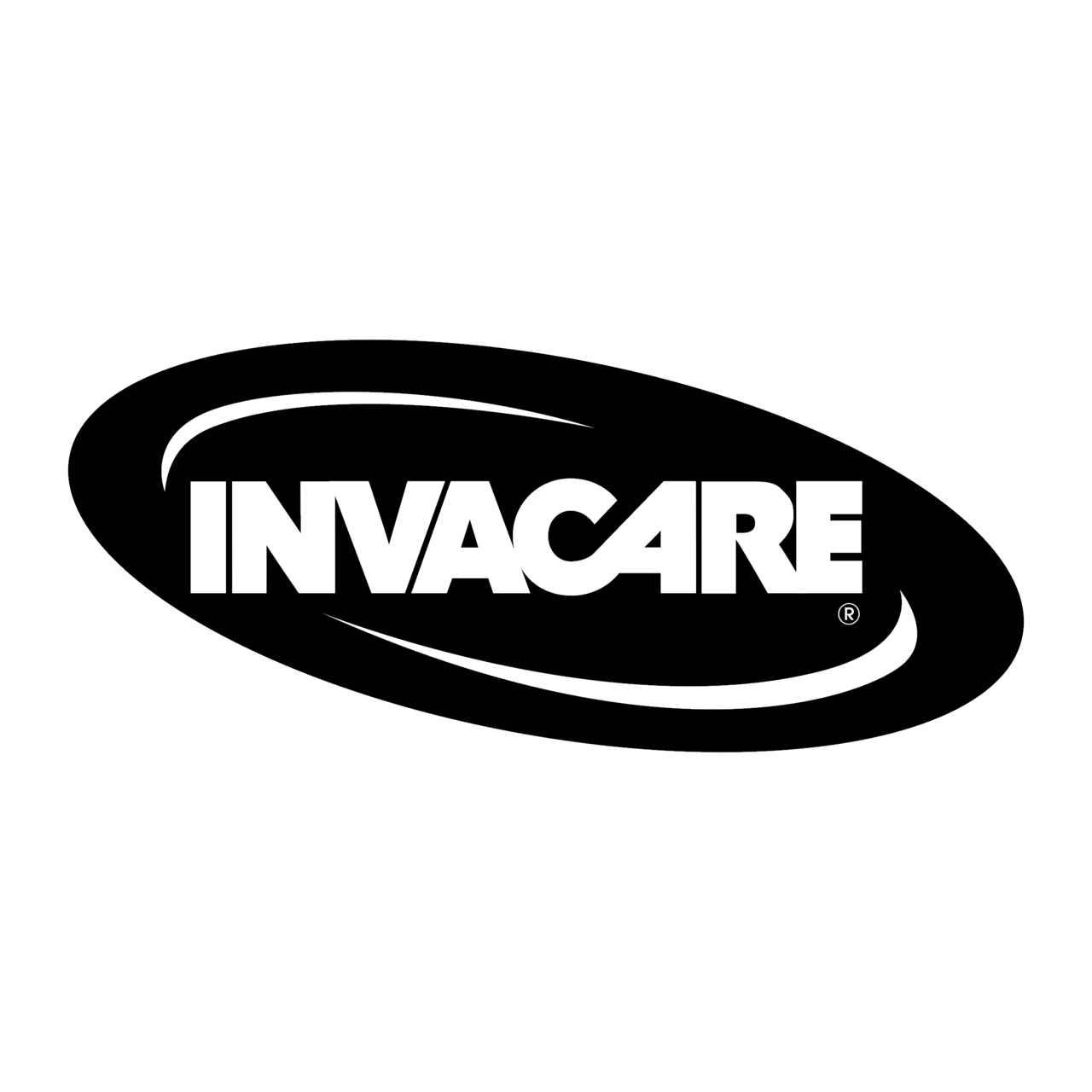 Logo Invacare : texte blanc à l'intérieur d'un ovale noir.