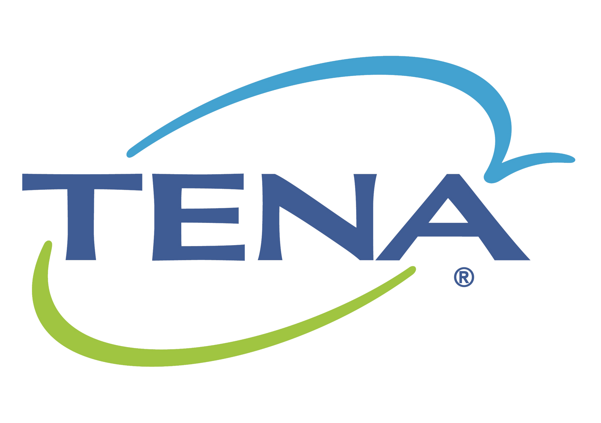 Logo TENA : texte bleu foncé avec des swoosh bleu clair et verts.