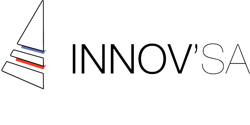 Logo d'INNOVA'SA avec un design stylisé d'une voile et des formes superposées.