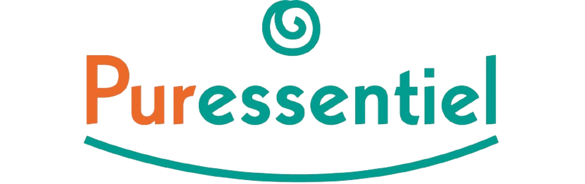 Logo avec le mot « Puressentiel » en orange et vert, avec une ligne courbe en dessous. Une spirale verte en haut.