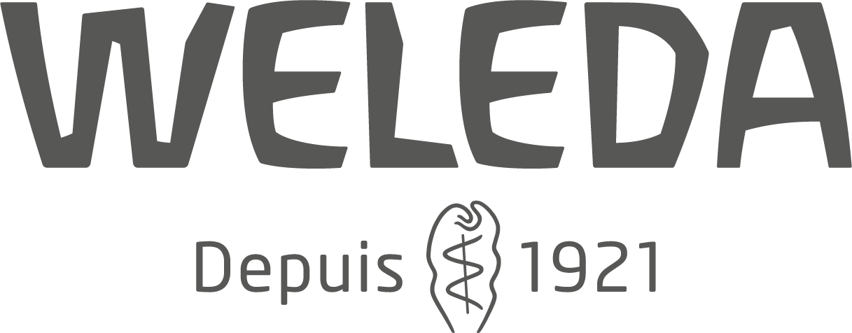 Logo Weleda : texte et graphisme gris foncé,