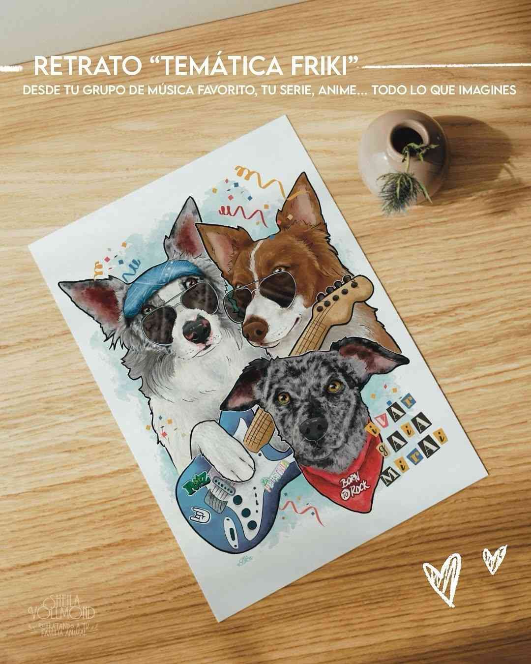 Ilustración de tres perros tocando la guitarra, rodeados de confeti de colores, sobre una superficie de madera.
