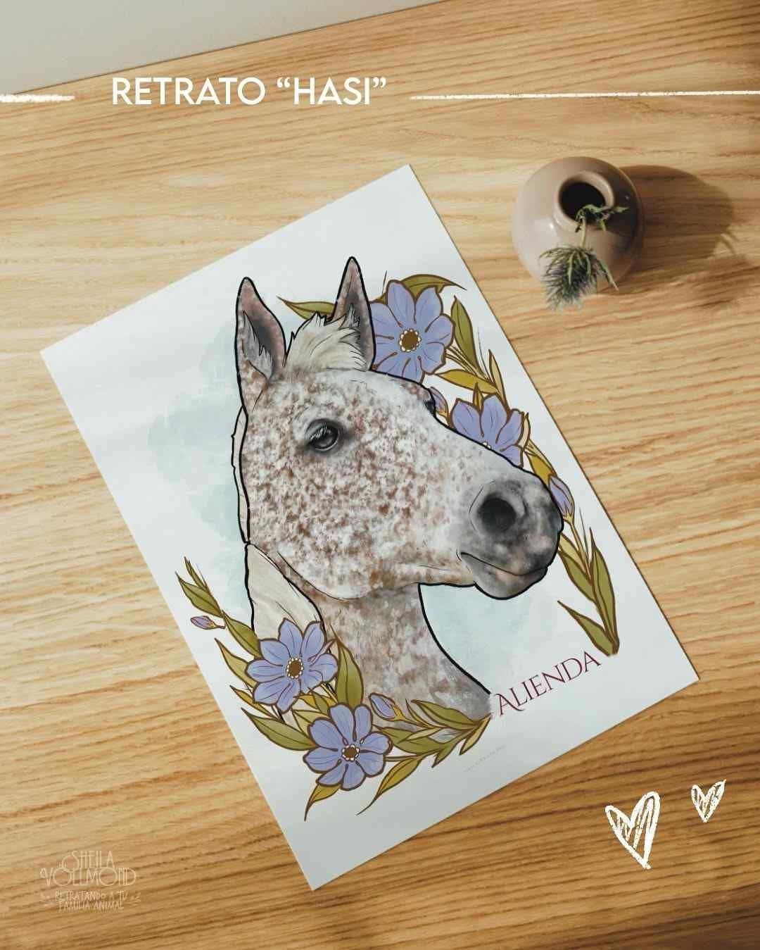 Retrato de caballo con flores, sobre superficie de madera, colores neutros.