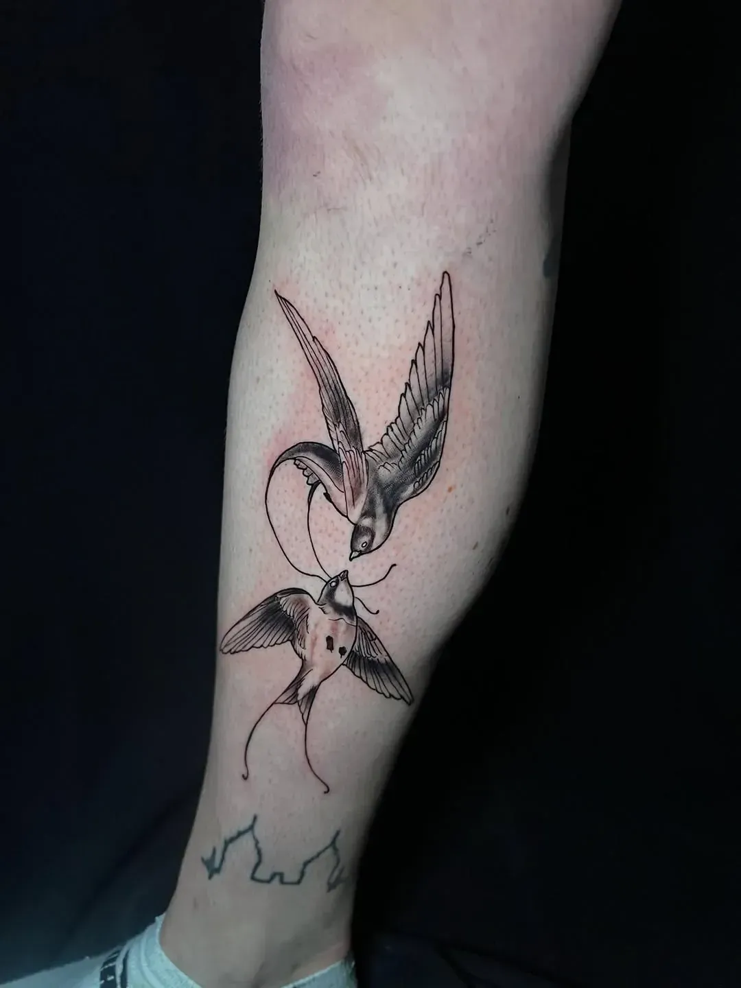 Dos tatuajes de golondrinas en una pierna, con alas detalladas.