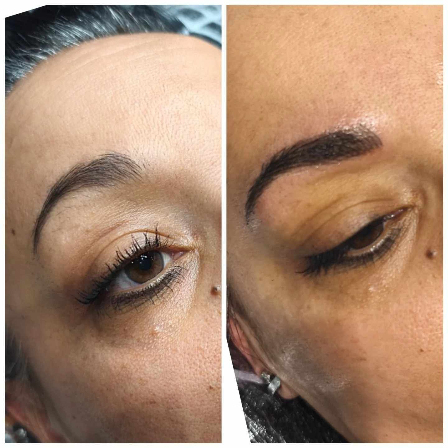 Fotos de cejas antes y después; el después muestra una forma más oscura y llena.