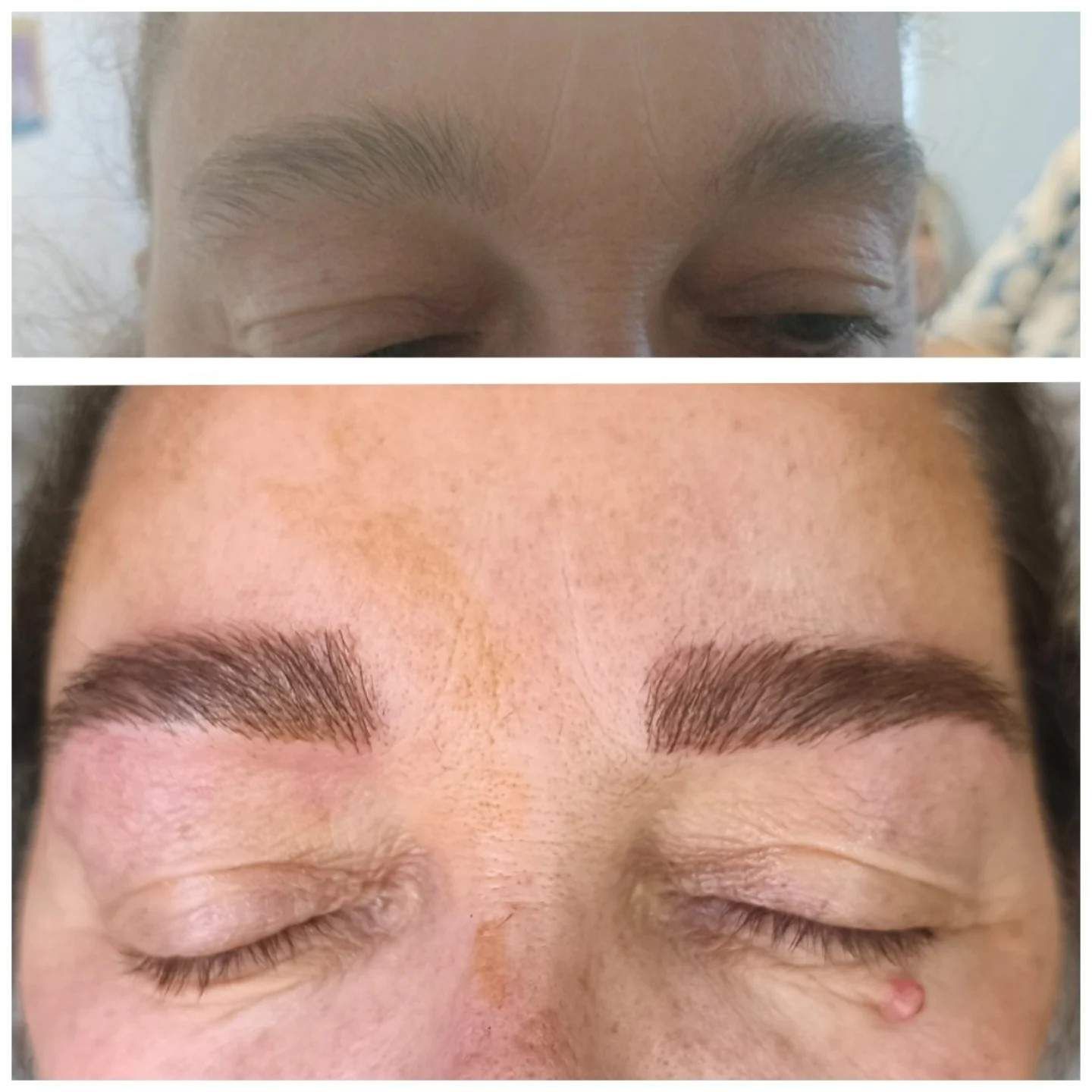 Fotografías de cejas antes y después; la parte superior muestra cejas dispersas, la parte inferior muestra cejas rellenas