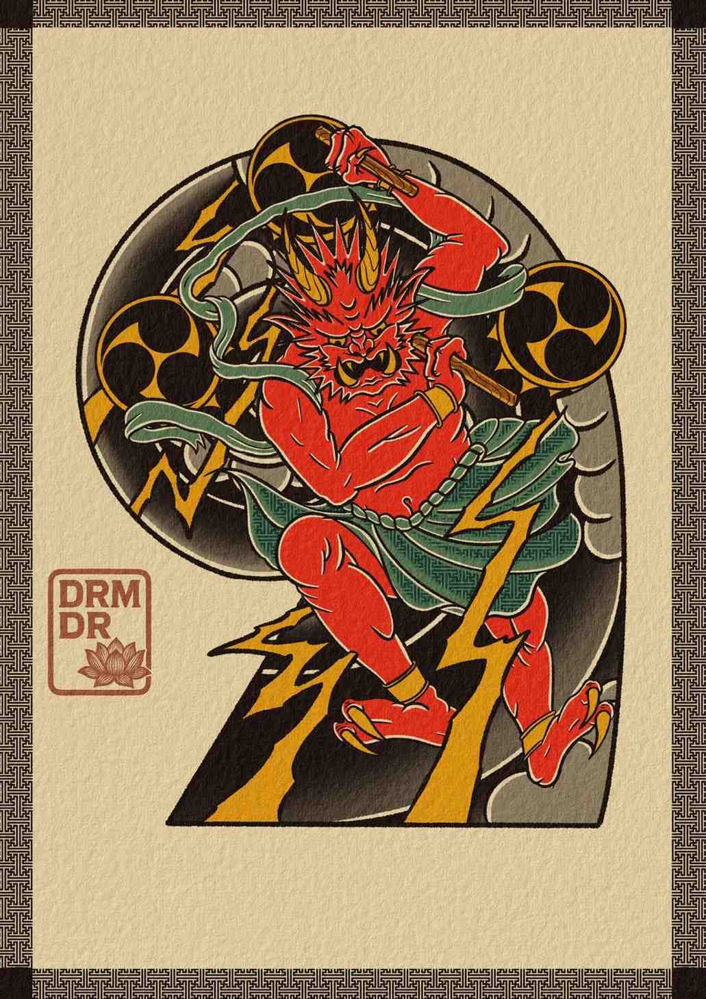 Figura de demonio rojo con tambores y relámpagos, delante de un círculo gris, sobre un fondo texturizado.