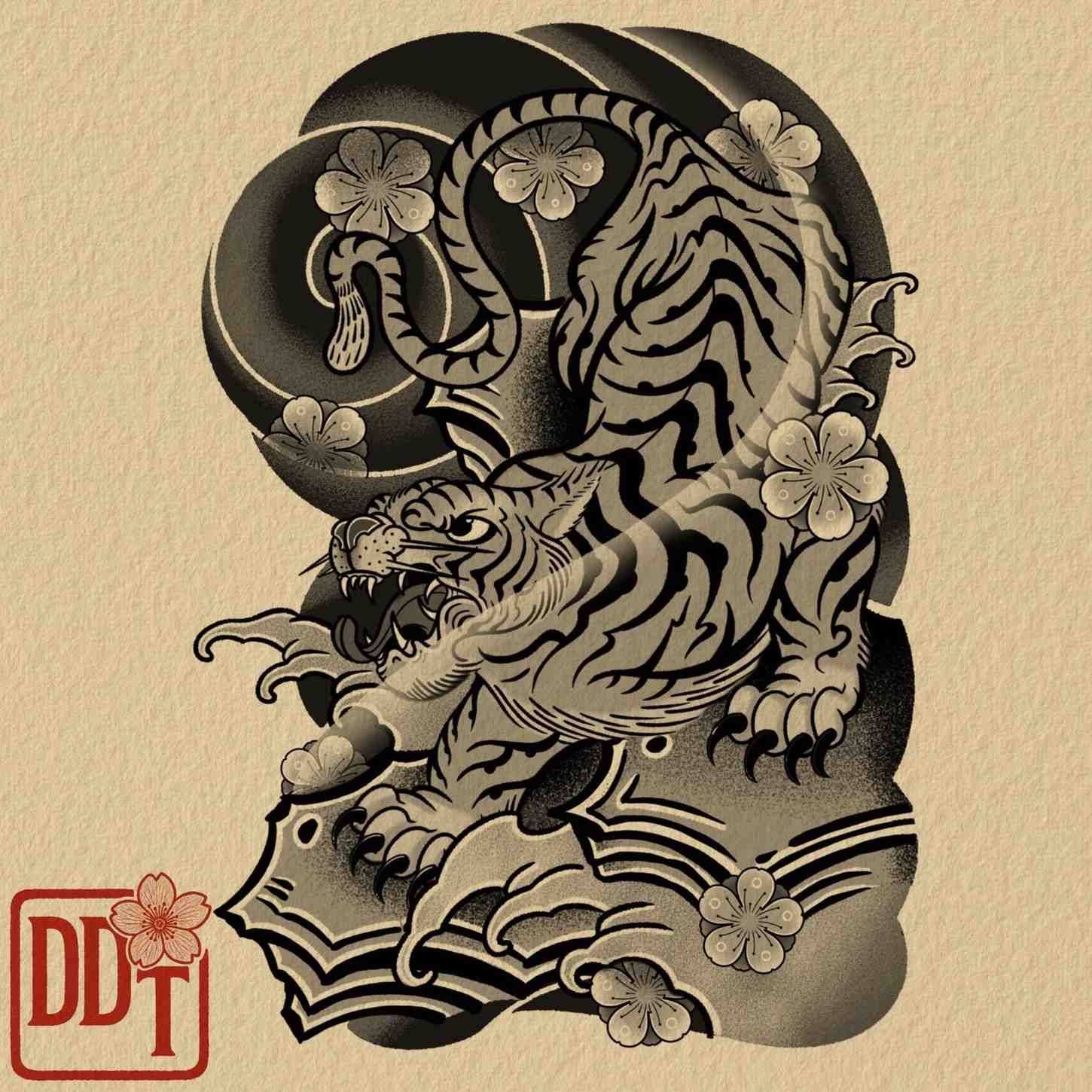 Arte de tatuaje de tigre gruñendo, con ondas estilizadas, flores y fondo oscuro.