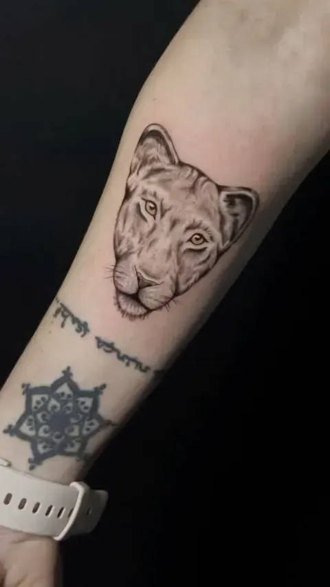 Tatuaje de cabeza de leona en el brazo. Sombreado detallado con texto pequeño y un mandala debajo.