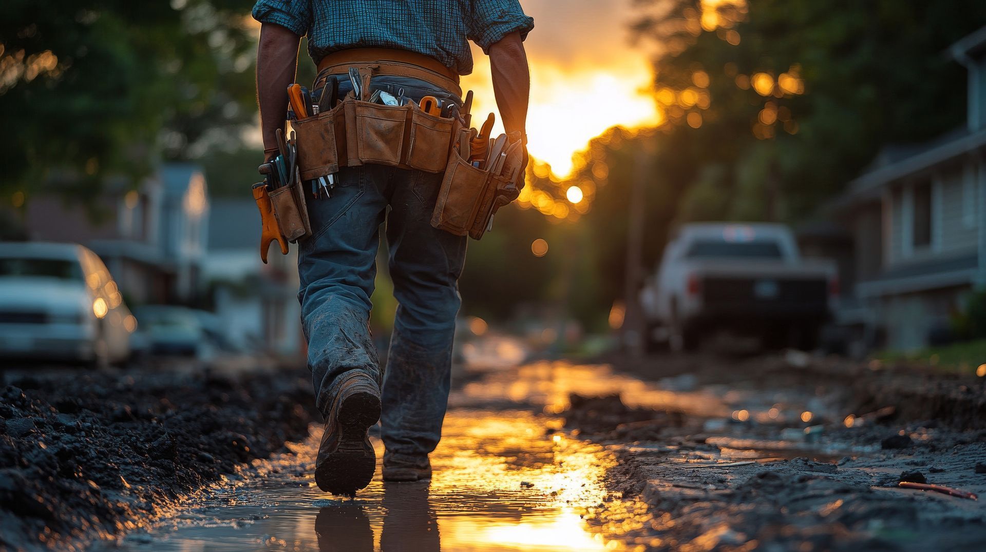Persona con cinturón de trabajo camina por una calle embarrada al atardecer.