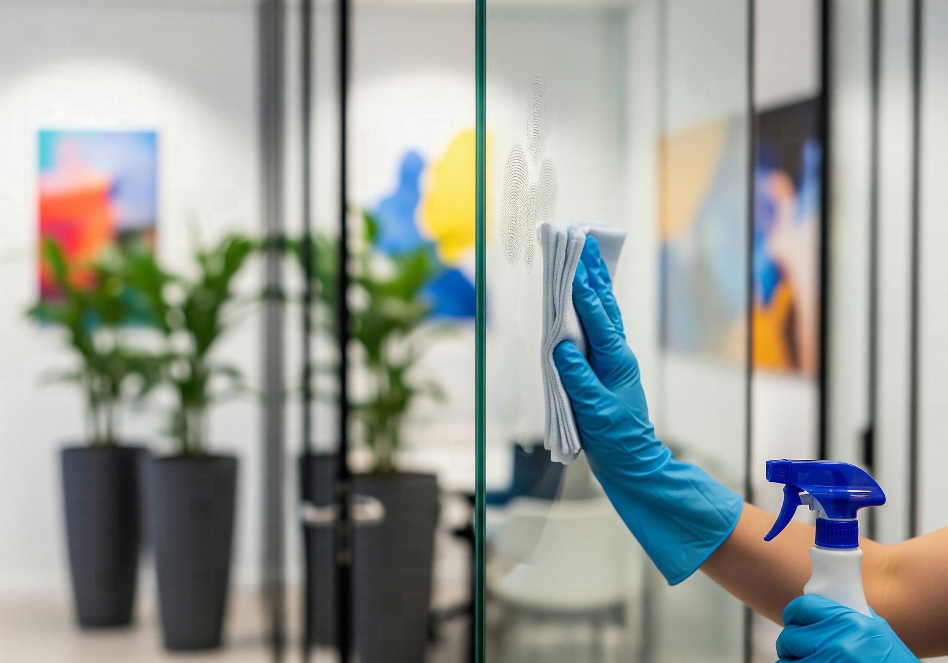 Persona con guantes azules limpiando una mampara de cristal de una oficina con un pulverizador y un paño.
