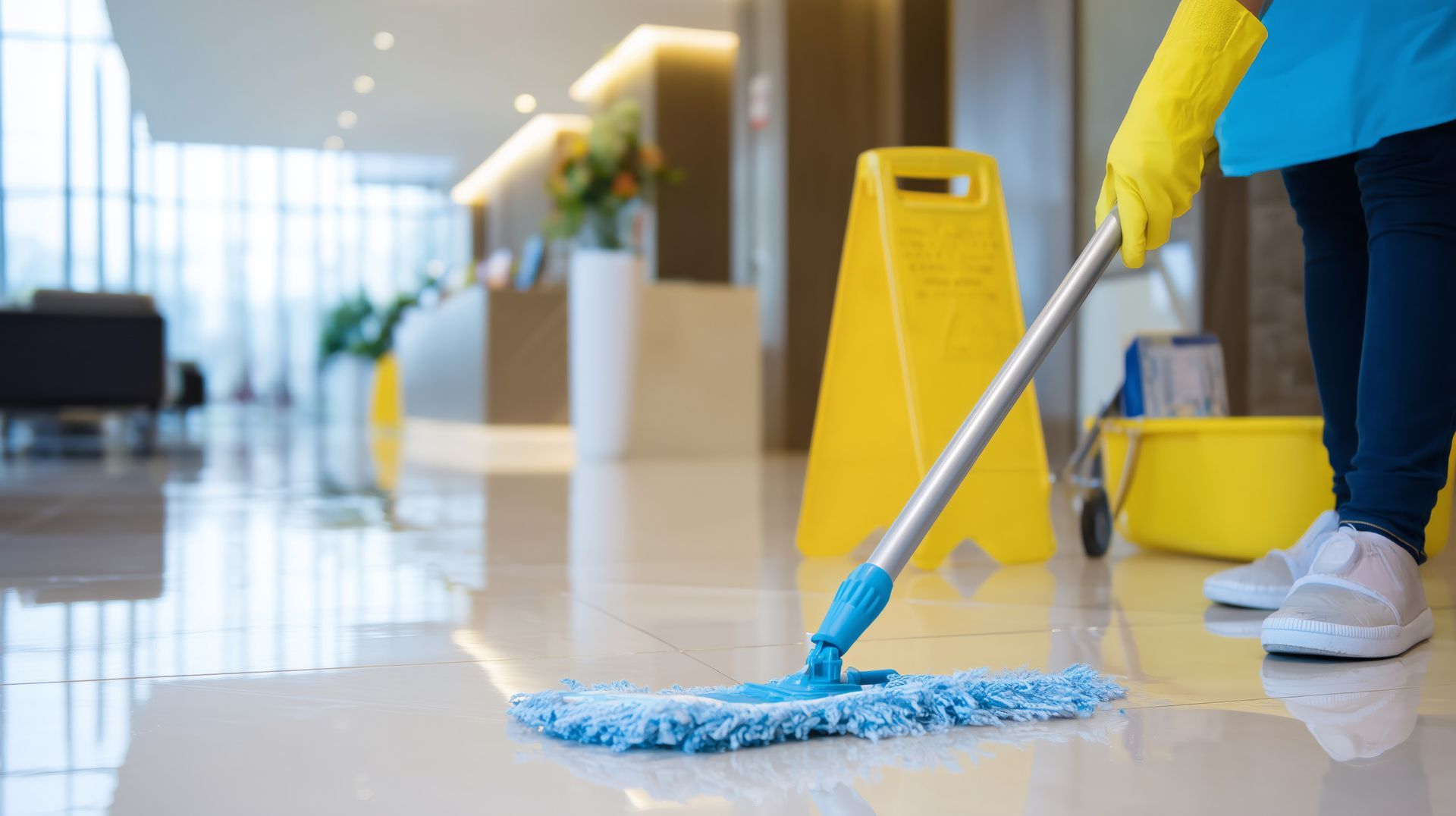 Persona trapeando un piso brillante en el vestíbulo de un edificio, con un cartel amarillo de piso mojado visible.