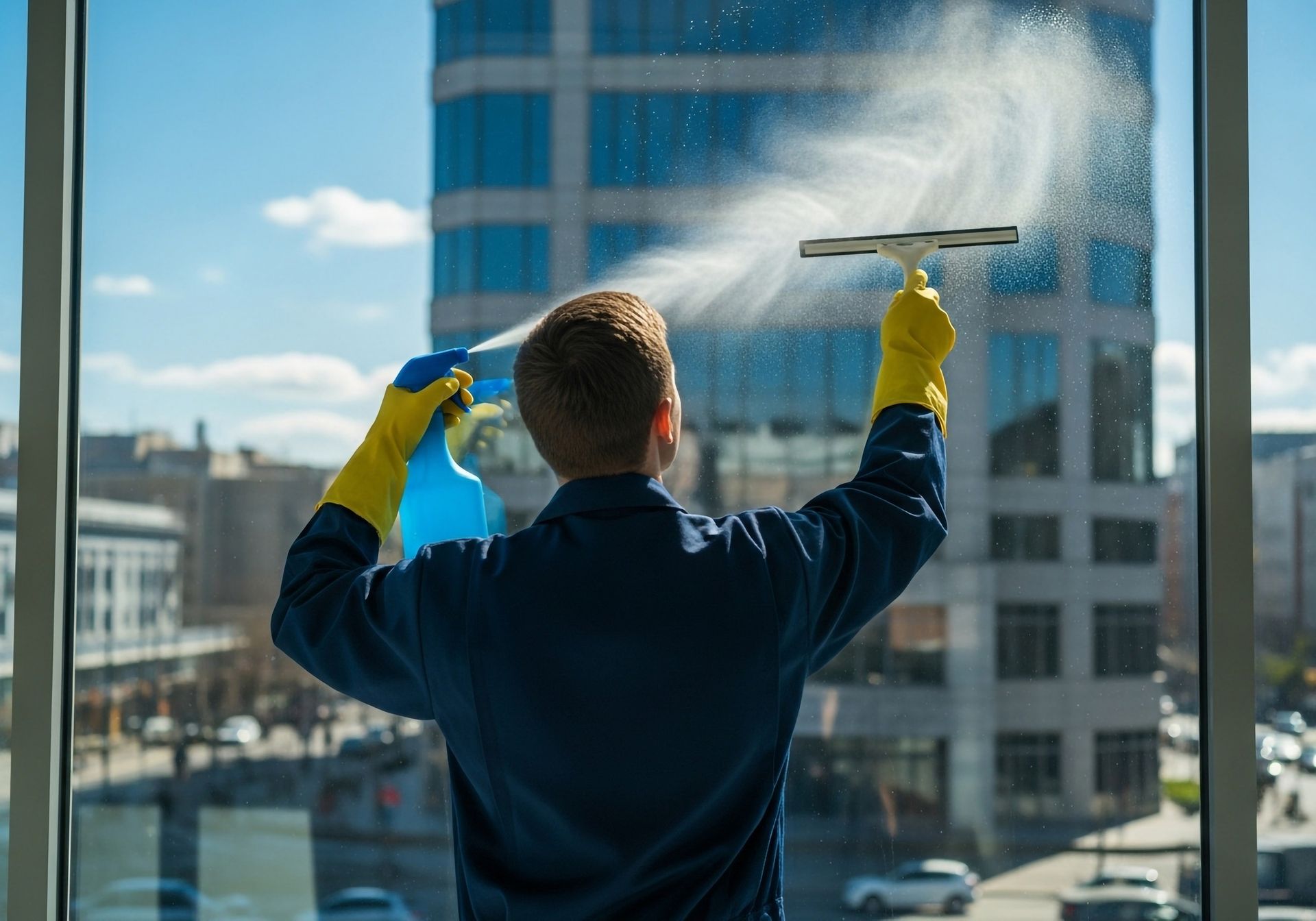 Una persona con guantes amarillos rocía y limpia la ventana de un rascacielos.
