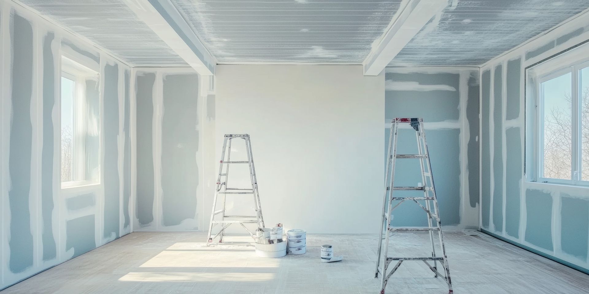 Renovación de habitación: Instalación de paneles de yeso, dos escaleras, suministros y ventanas.