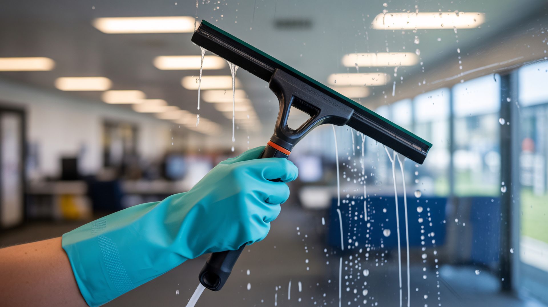 Mano en un guante azul usando una escobilla de goma para limpiar una ventana, en el interior.