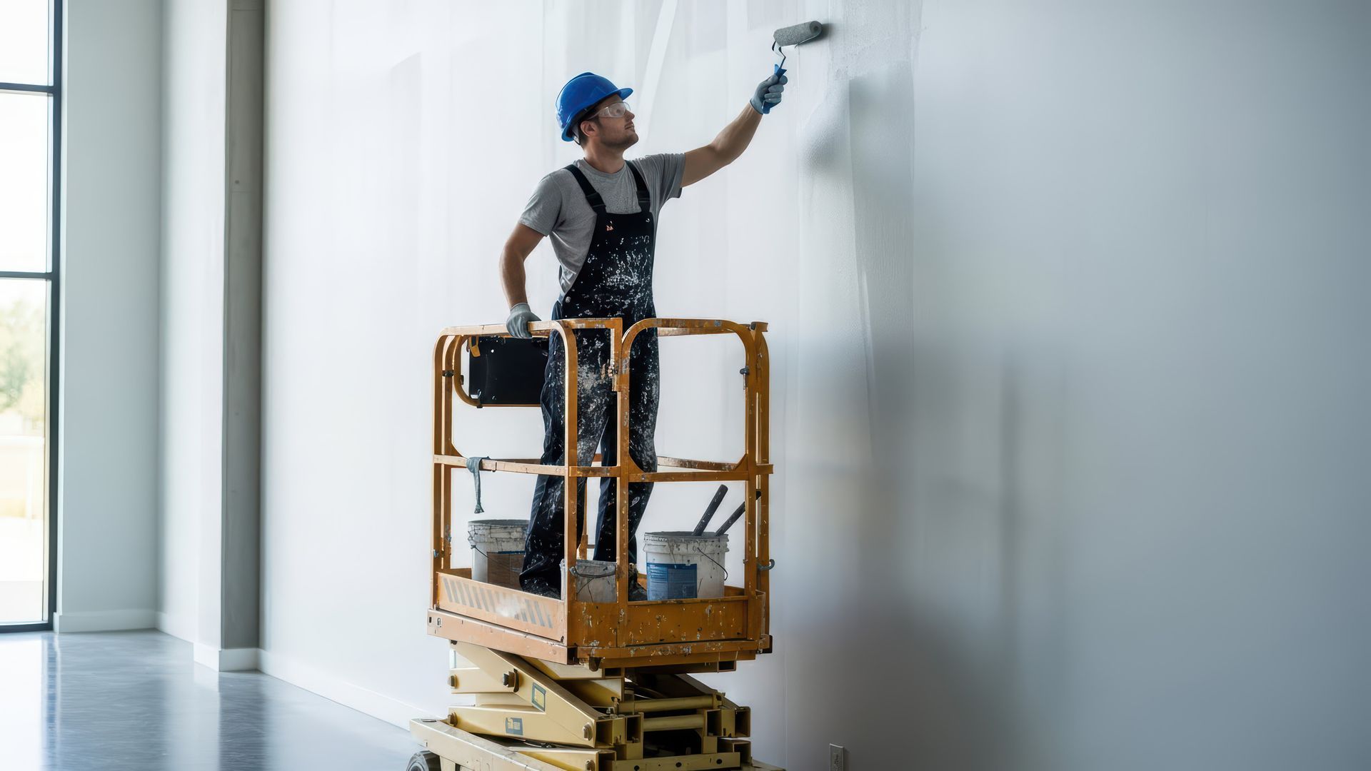 Pintor en un ascensor aplicando pintura blanca en una pared en una habitación vacía, usando equipo de seguridad.