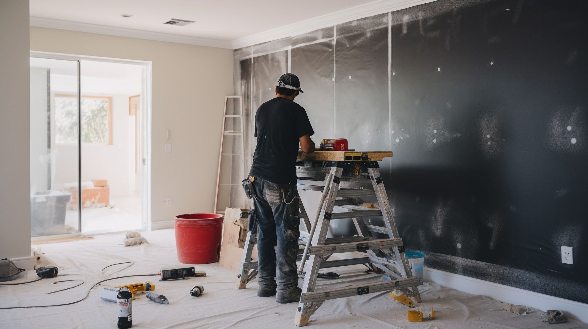 Una persona cortando madera en una mesa de sierra dentro de una habitación en renovación.