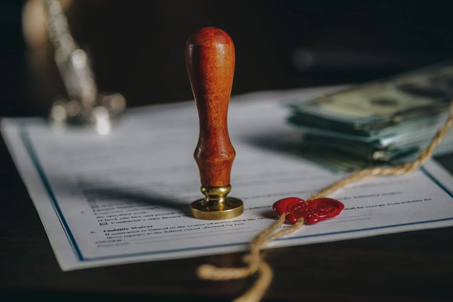 Sello de cera y sello rojo en un documento con llaves sobre un escritorio.