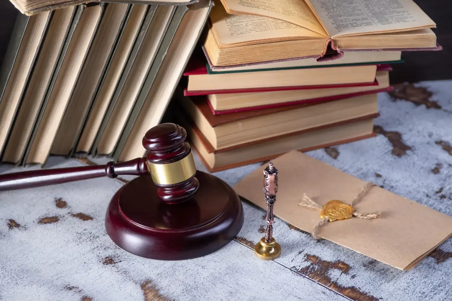 Pila de libros de derecho con mazo y sello de cera sobre un escritorio.