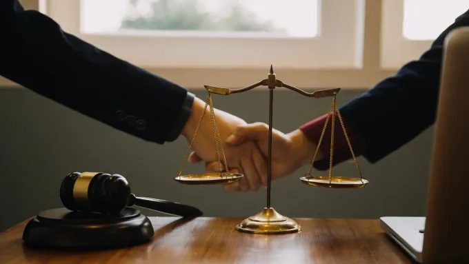 Dos personas se dan la mano sobre una balanza y un mazo colocados sobre una mesa de madera.