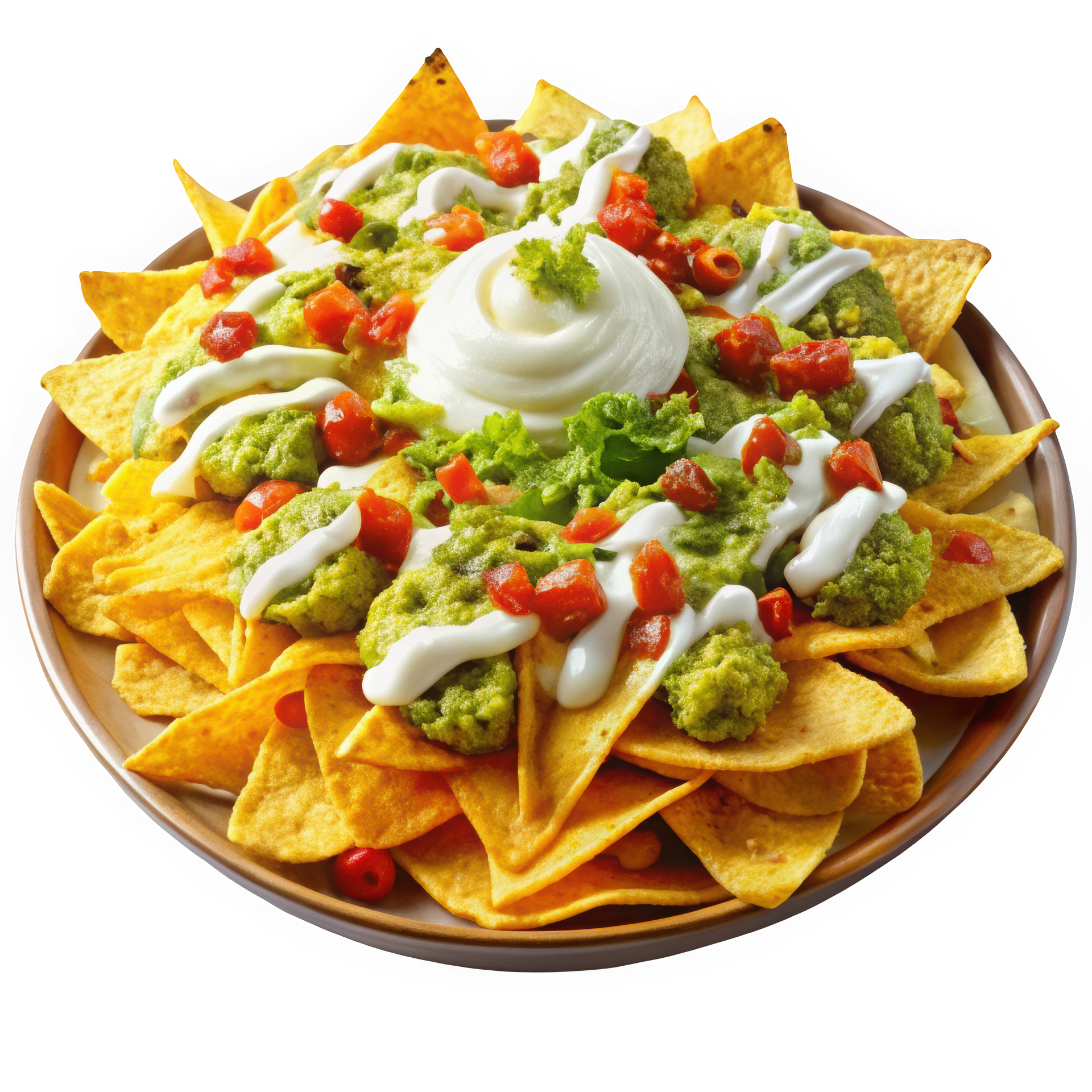 Assiette de nachos avec guacamole et poivrons rouges