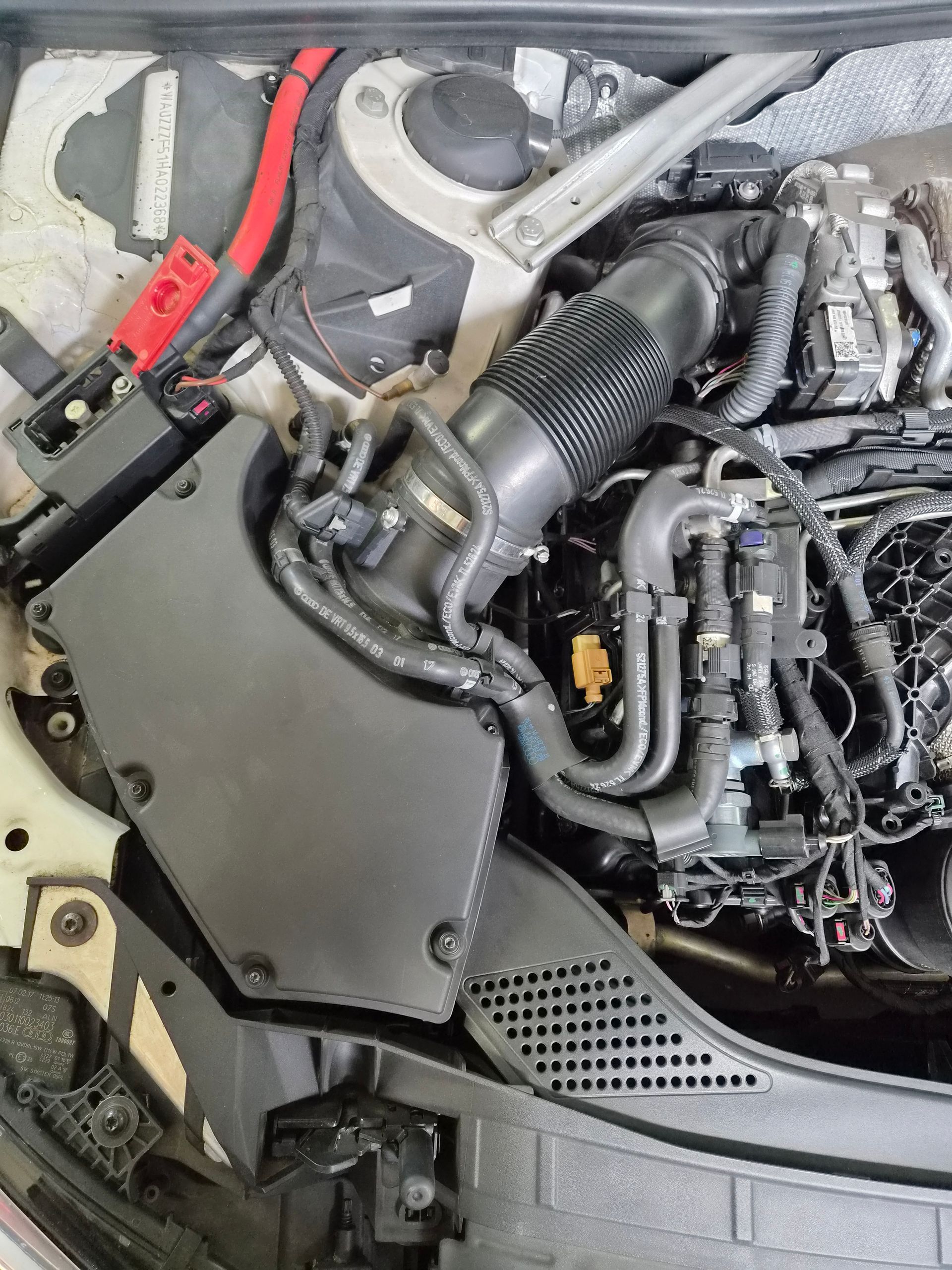 Compartiment moteur avec des conduits d’admission noirs, des durites et un câble de batterie rouge visibles.