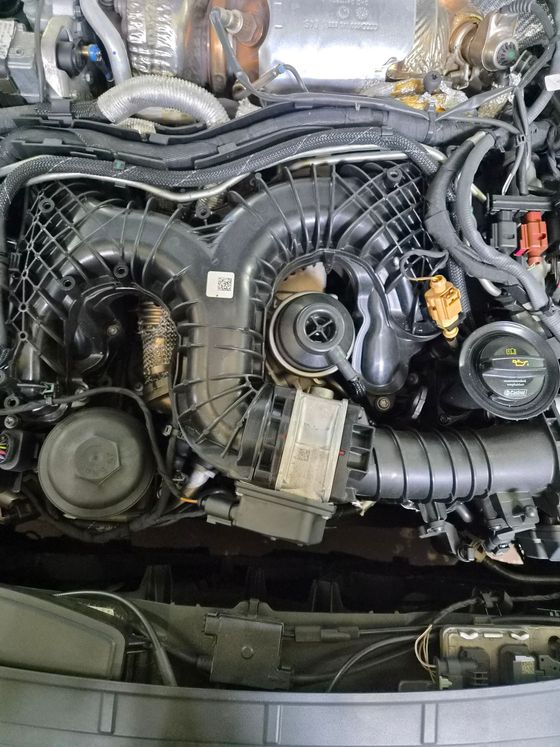 Compartiment moteur d’une voiture avec des durites, des courroies et des éléments d’admission en plastique noir, vu de dessus