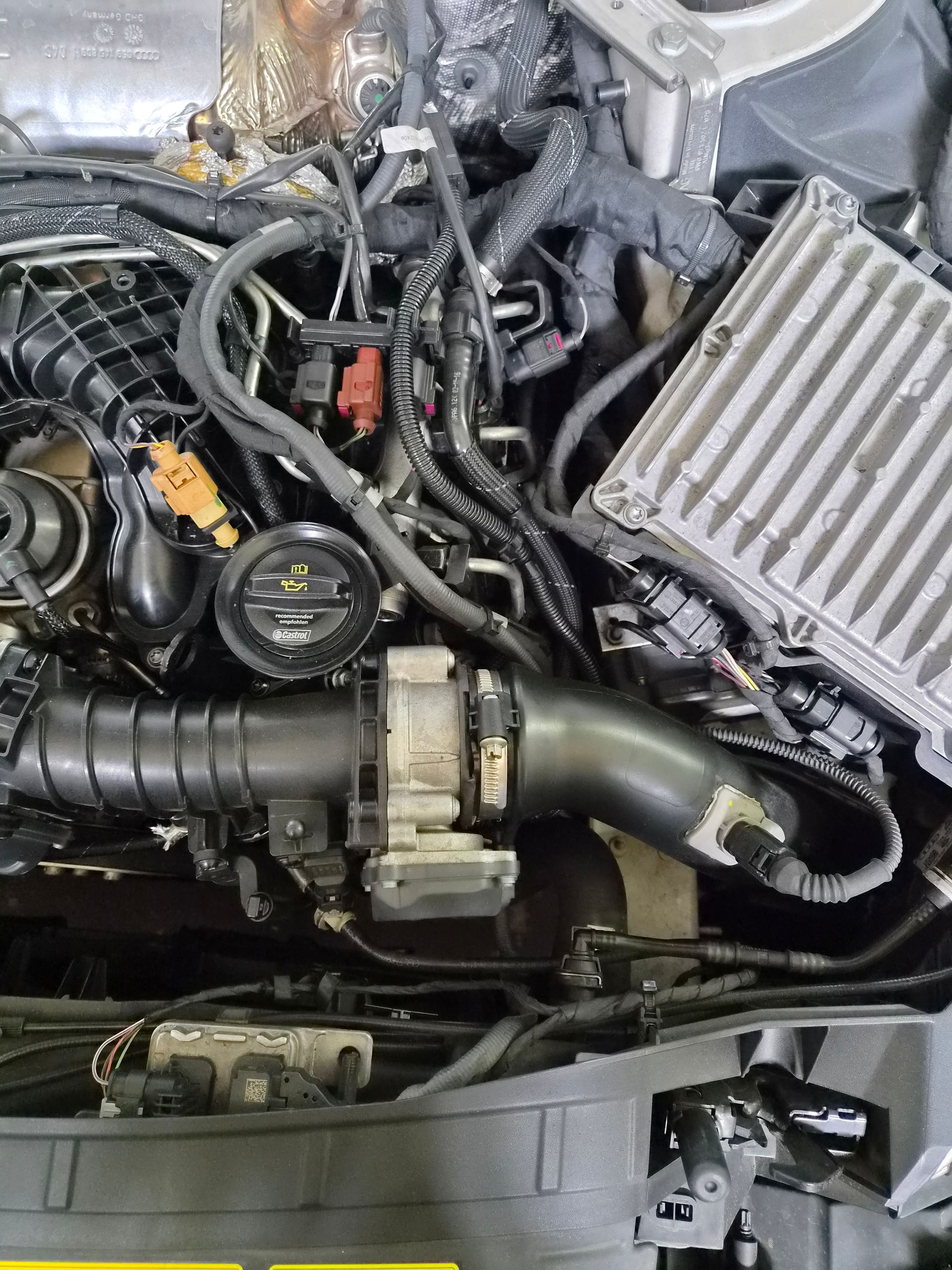 Compartiment moteur avec des durites, des câbles et un boîtier d’admission d’air argenté.