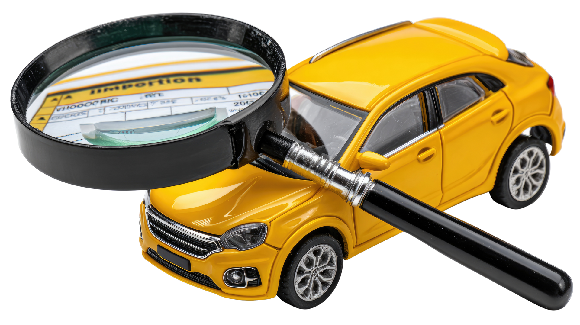 Voiture miniature jaune sous une loupe, symbolisant une inspection ou une recherche