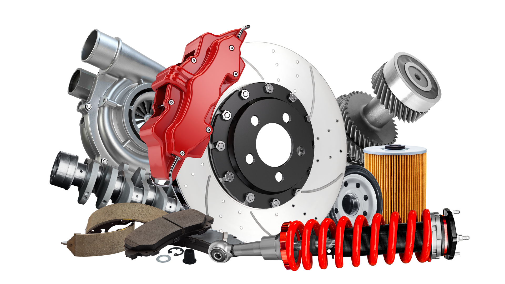 Diverses pièces automobiles, dont un disque de frein, un turbo, un amortisseur et des composants de moteur, sur fond blanc