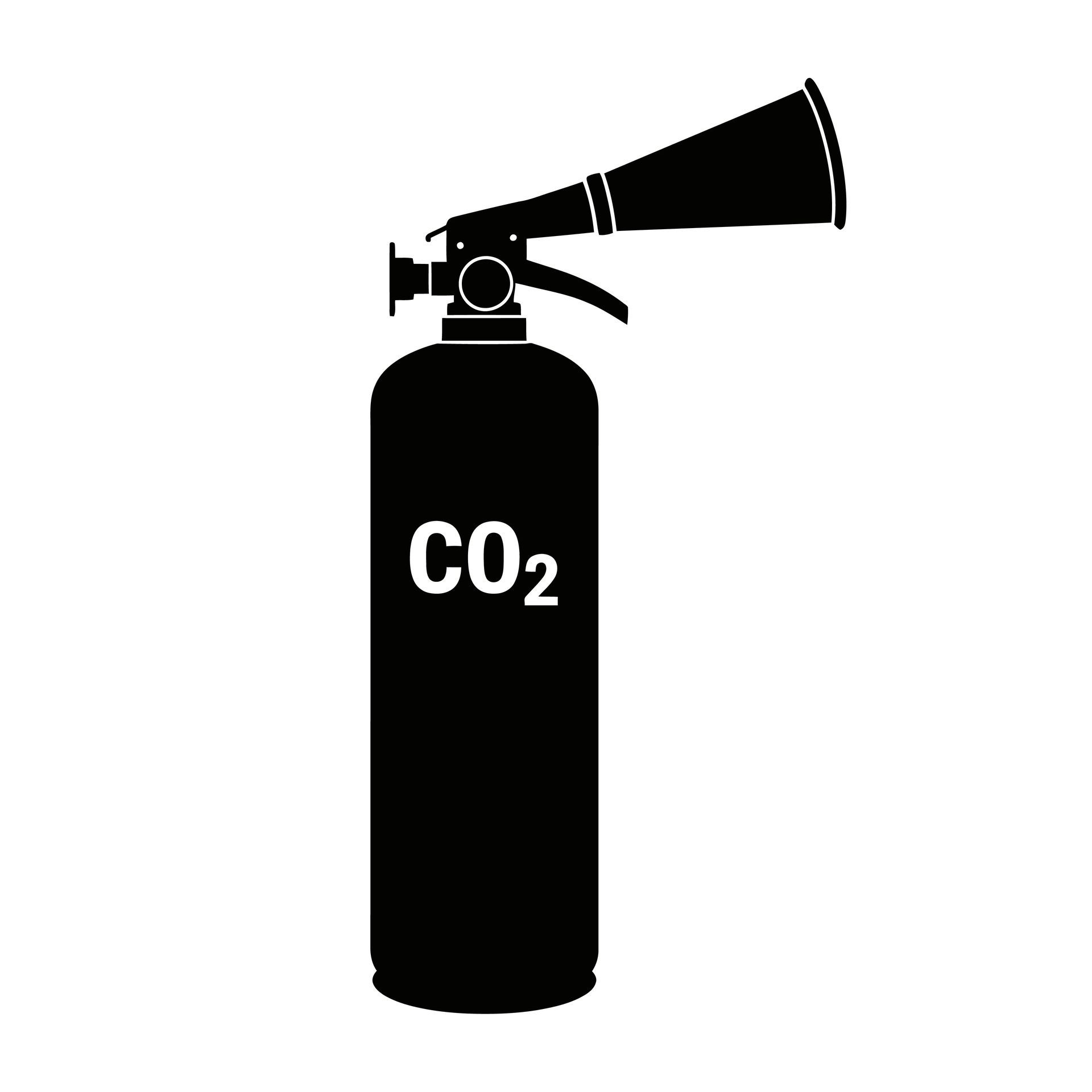 Icône d'extincteur à CO2 noir avec une buse à corne et une étiquette blanche « CO2 ».