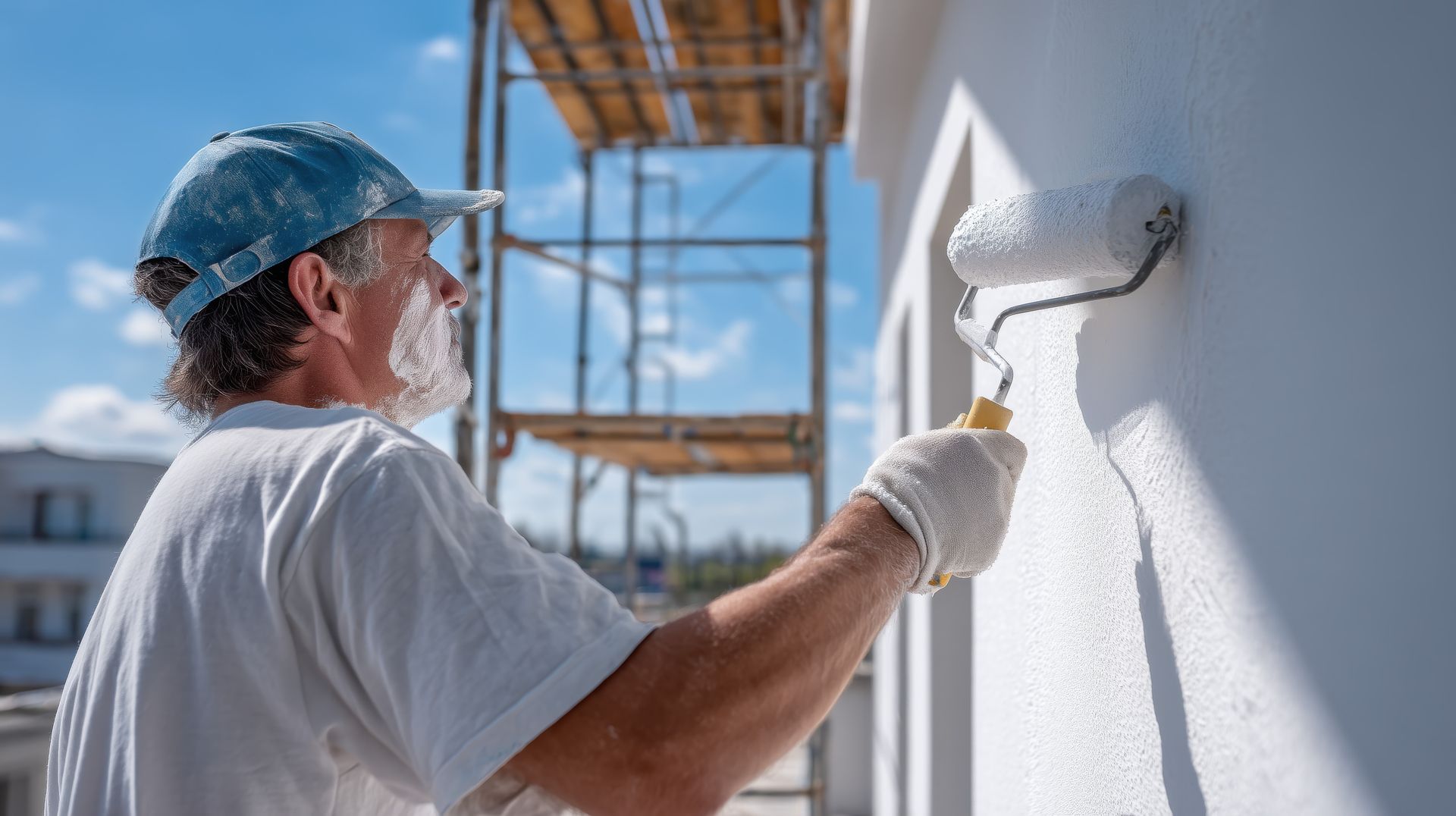 Bâtiment en rénovation avec échafaudage contre un mur de pierre et un ciel bleu clair.