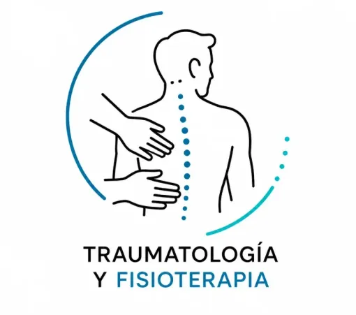 Logo de traumatología y fisioterapia con figura de espalda, manos terapéuticas y texto azul y negro.