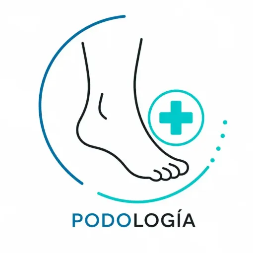 Logotipo de Podología con un pie delineado, una cruz médica color turquesa y texto azul sobre fondo blanco.