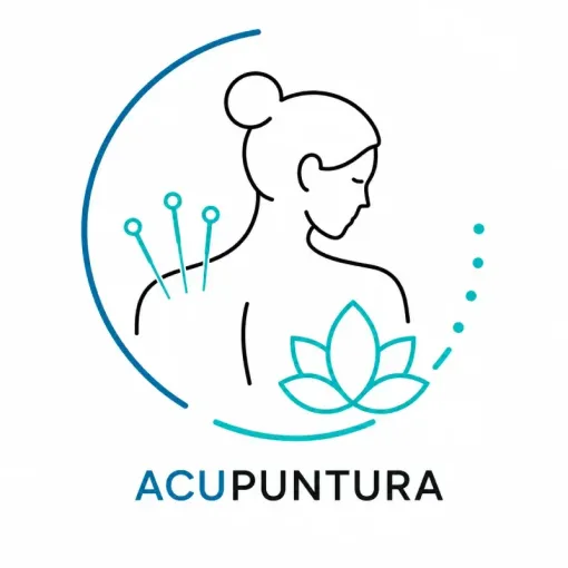 Logotipo para acupuntura: figura de dibujo lineal, agujas de acupuntura, flor de loto y la palabra “ACUPUNTURA”