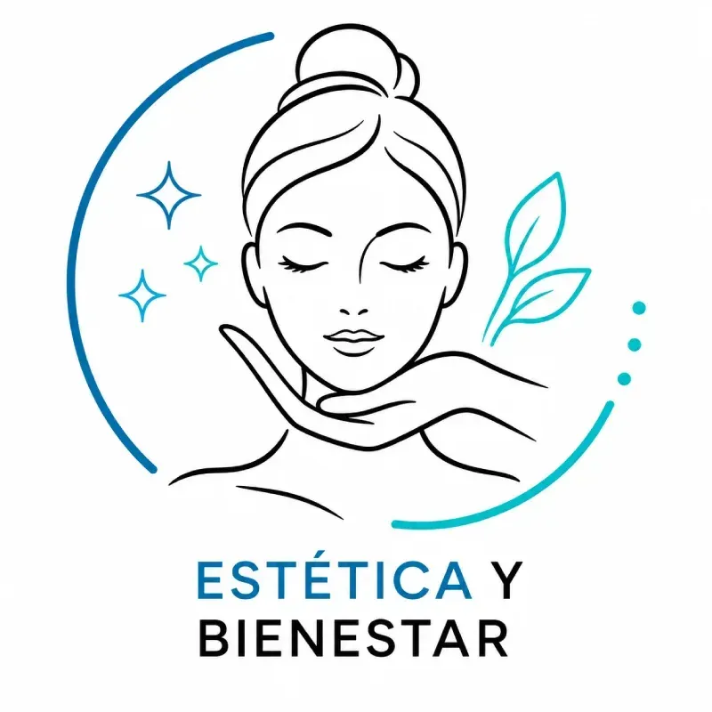 Logo de estética y bienestar con rostro en línea, mano de cuidado y detalles azules